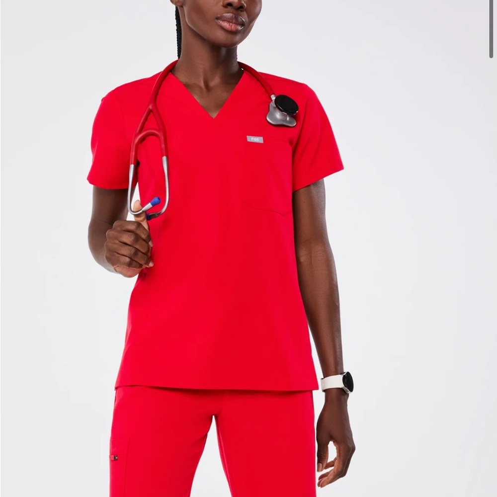 Figs Pop Red set! High Waisted Isabel Wide with Catarina One Pocket Scrub top.